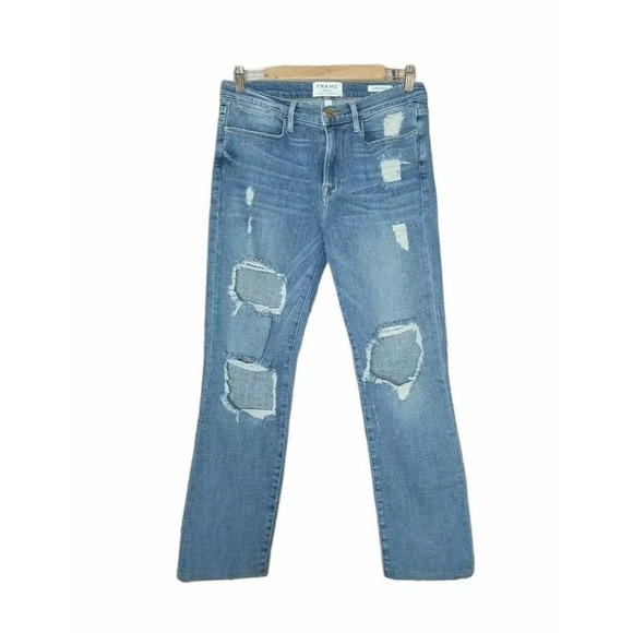 Frame Denim Blue Distressed Straight Leg Jeans - Picture 2 of 10